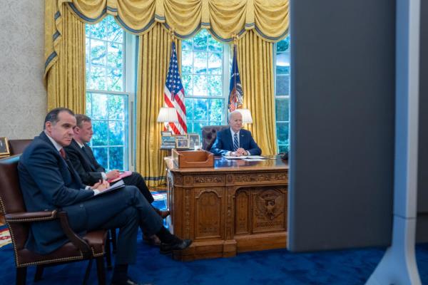 President Joe Biden participates in a zoom call with relatives of American citizens who are being held hostage or missing in the Israeli Hamas conflict Friday, October 13, 2023, in the Oval Office of the White House. / Credit: Official White House Photo by Adam Schultz