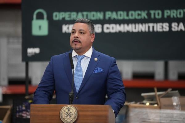 New York City Police Commissioner Edward Caban
speaks during a news conference.